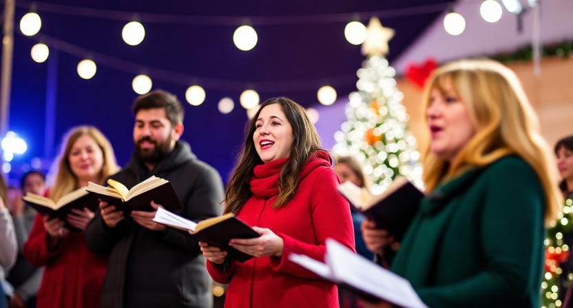 Christmas carolers singing with joy